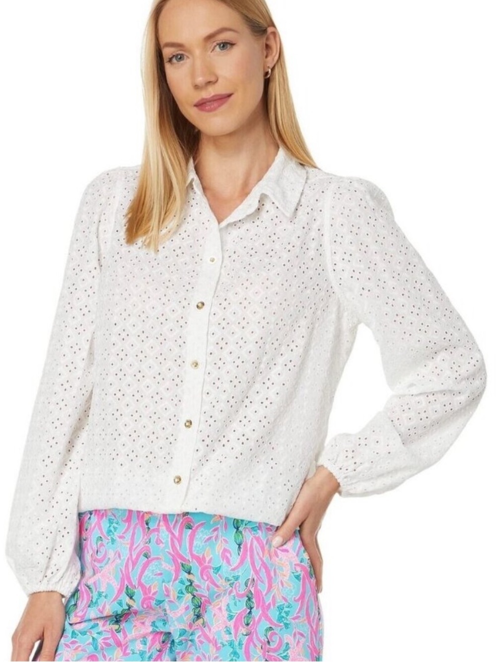 Lilly Pulitzer Sea Breeze Button Down Resort White Eyelet Women’s Size Large
